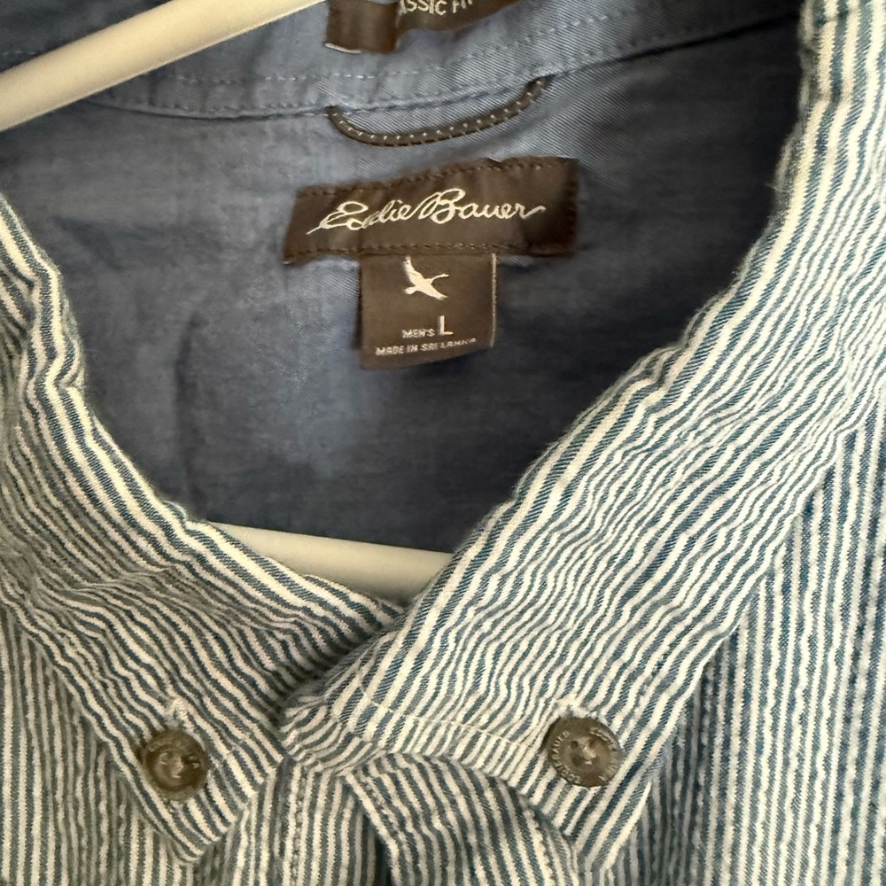 Eddie Bauer Men's Navy and White Striped Shirt